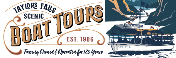 Taylors Falls scenic boat tours logo with vintage boat illustration, established in 1906.