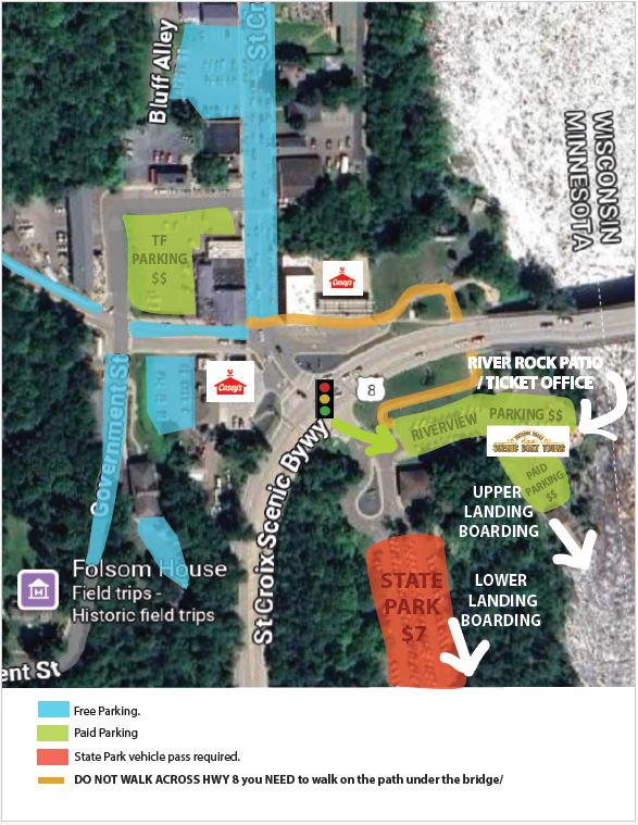 Map showing parking, scenic byway, river access points, and walking paths.
