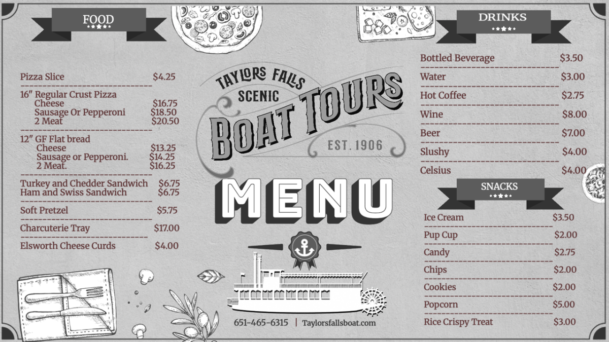 Black and white menu for Taylor Falls scenic boat tours with food, drinks, and prices.