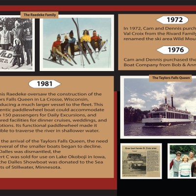 Collage with 1972 boat purchase image, 1981 Taylor Falls Queen info, and family photos.