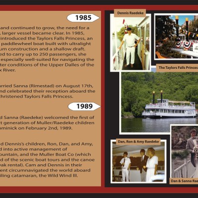 Collage of historical photos and text about Dennis Raedeke's boat launch and family milestones in 1985 and 1989.