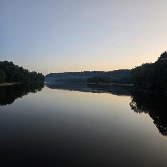 Trees reflected in calm water at dusk or dawn.