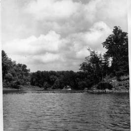 River with trees on both sides and a boat in the distance under a cloudy sky.