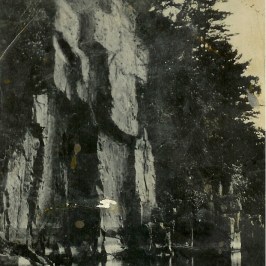 Cliffs by a river with tall trees and soft morning light, Stillwater, Minnesota.