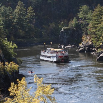 Boat on a river surrounded by trees with rocky banks in a forested area.